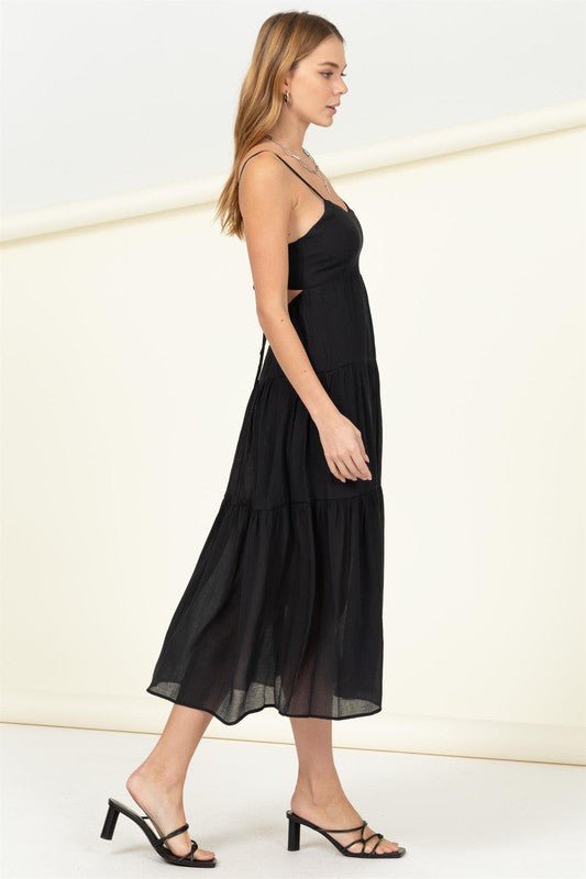 Smocked Sweetheart Tie Back Midi Dress - black midi dress with a tiered ruffle hem. #Firefly Lane Boutique1