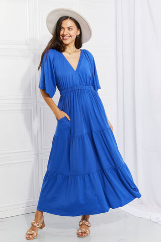 Speak Easy Blue Tiered Maxi Dress - blue maxi dress with half flared sleeves, vneck and open back #Firefly Lane Boutique1