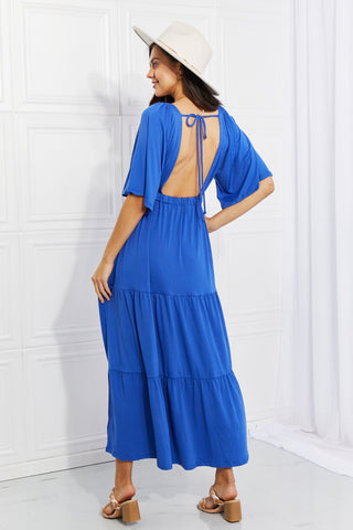 Speak Easy Blue Tiered Maxi Dress - blue maxi dress with half flared sleeves, vneck and open back #Firefly Lane Boutique1