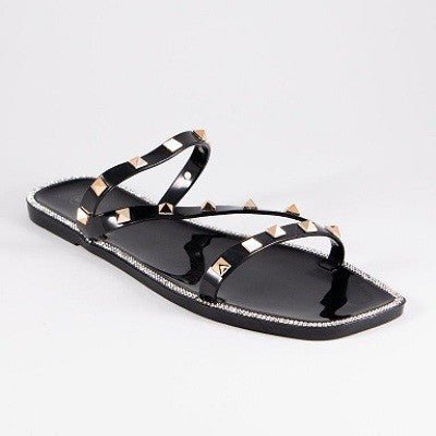 Spike Me Not Black Stud Sandals - black studded flat sandals that have straps and a open toe. #Firefly Lane Boutique1