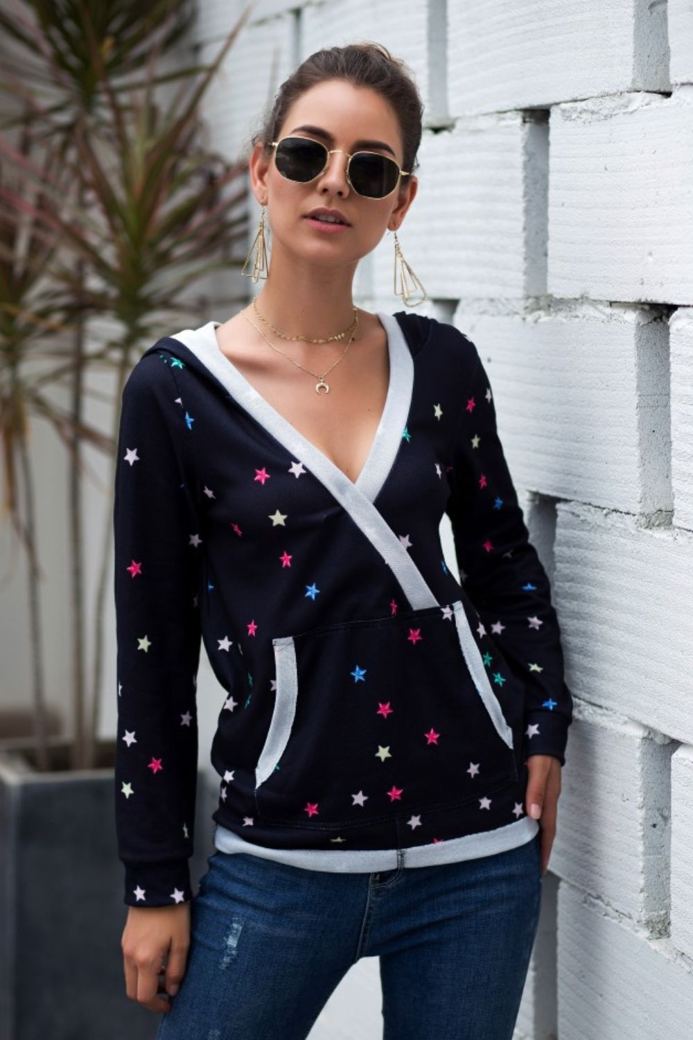 Star Print Hoodie With Kangaroo Pockets  a long sleeve hoodie shirt with star print and surplice neck #Firefly Lane Boutique1