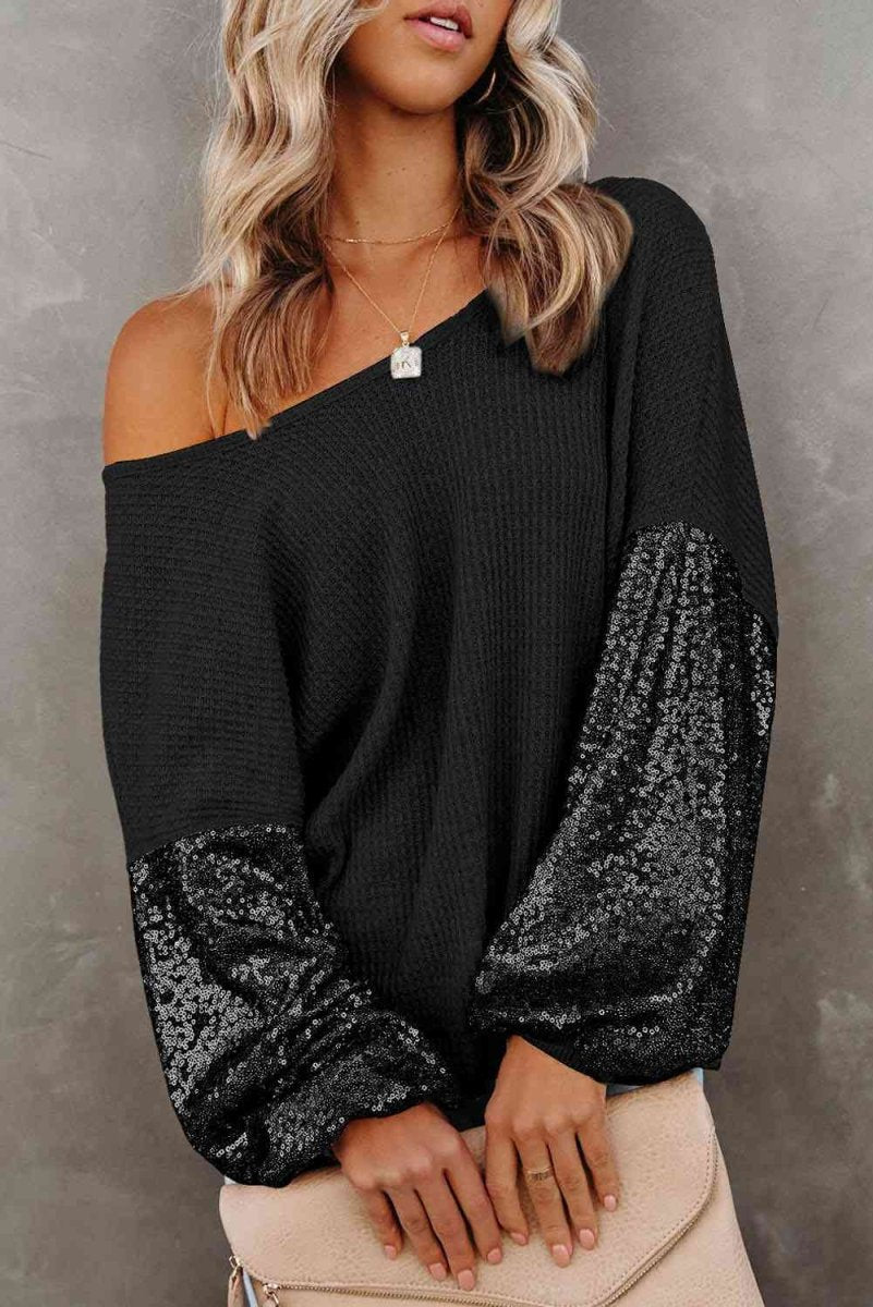 Starlight Waffle Knit Off The Shoulder Sequin Top #Firefly Lane Boutique1