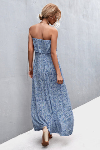 Strapless Maxi Dress Casual - blue floral strapless maxi dress with split leg. A summer day outfit. #Firefly Lane Boutique1