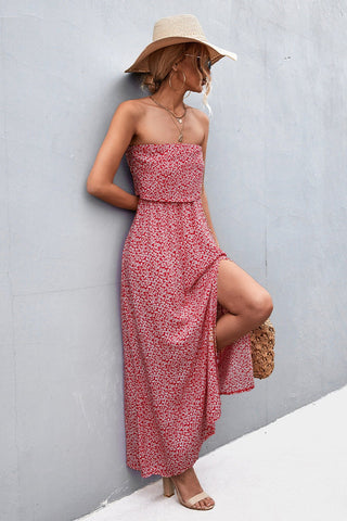 Strapless Maxi Dress Casual - red floral strapless maxi dress with split leg. A summer day outfit. #Firefly Lane Boutique1
