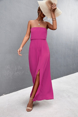 Strapless Maxi Dress Casual - pink strapless maxi dress with split leg. Perfect for a summer day out! #Firefly Lane Boutique1