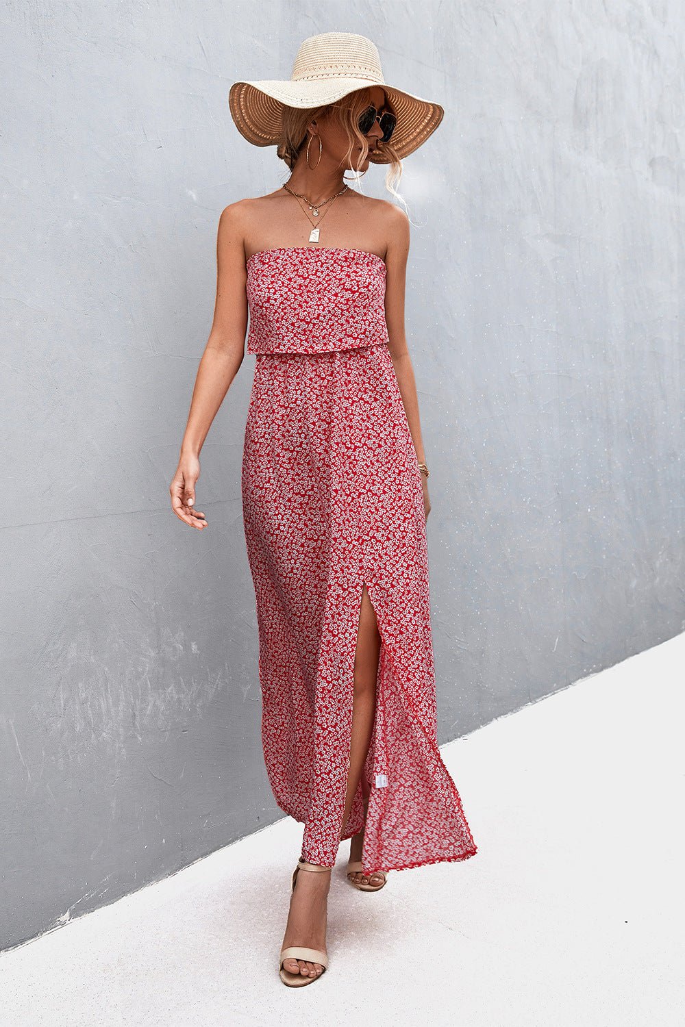 Strapless Maxi Dress Casual - red floral strapless maxi dress with split leg. A summer day outfit. #Firefly Lane Boutique1