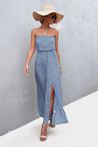 Strapless Maxi Dress Casual - blue floral strapless maxi dress with split leg. A summer day outfit. #Firefly Lane Boutique1