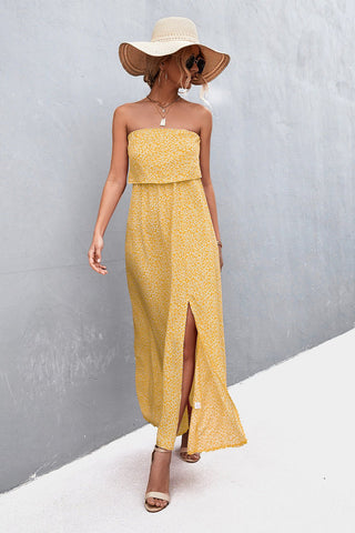 Strapless Maxi Dress Casual - yellow floral strapless maxi dress with split leg. A summer day outfit. #Firefly Lane Boutique1