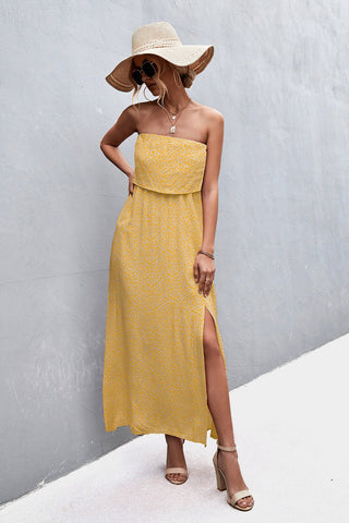 Strapless Maxi Dress Casual - yellow floral strapless maxi dress with split leg. A summer day outfit. #Firefly Lane Boutique1