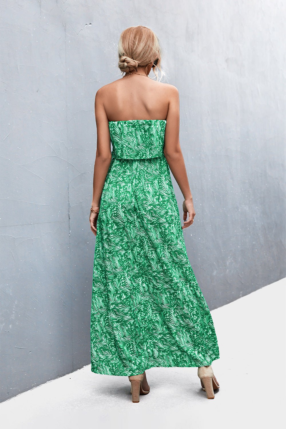Strapless Maxi Dress Casual - green floral strapless maxi dress with split leg. A summer day outfit. #Firefly Lane Boutique1