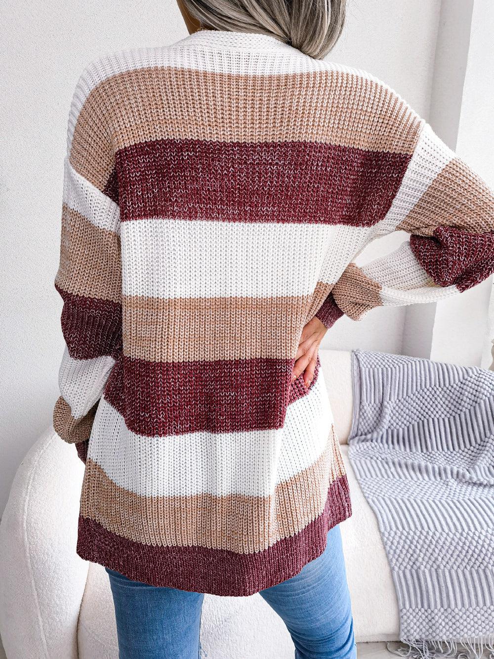 New Day Striped Cardigan. Red striped cardigan. That is open front & longline cardigan that is casual #Firefly Lane Boutique1
