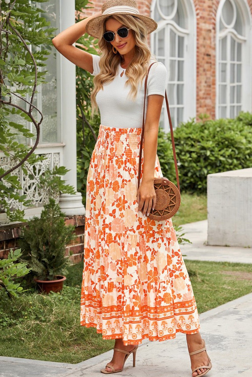 Such A Delight Tiered Floral Smocked Maxi Skirt orange floral maxi skirt at ankle length. #Firefly Lane Boutique1