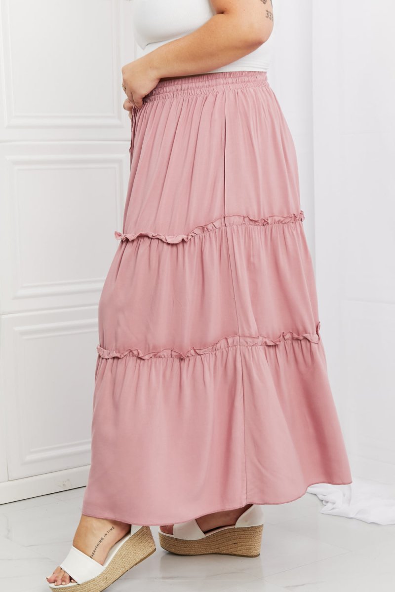 Summer Days Zenana Womens Maxi Skirt-  mauve maxi skirt with ruffle details and tiered.   #Firefly Lane Boutique1