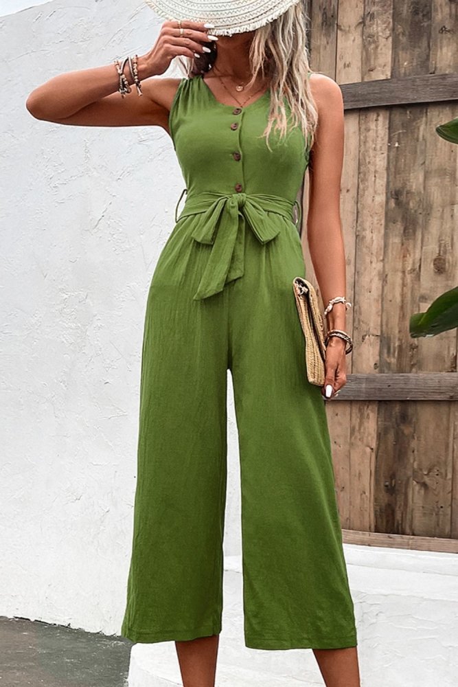 Summer Quench Button Front V Neck Tie Waist Jumpsuit #Firefly Lane Boutique1