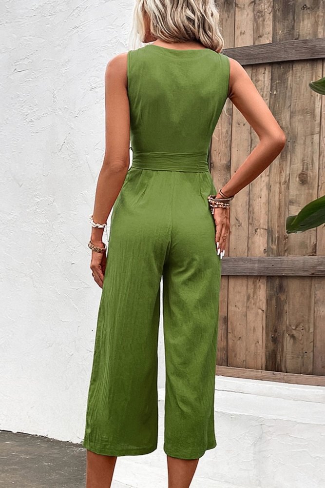 Summer Quench Button Front V Neck Tie Waist Jumpsuit #Firefly Lane Boutique1