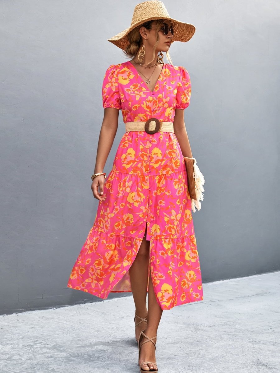 Sunrise Sorbet Floral Midi High Slit Dress #Firefly Lane Boutique1