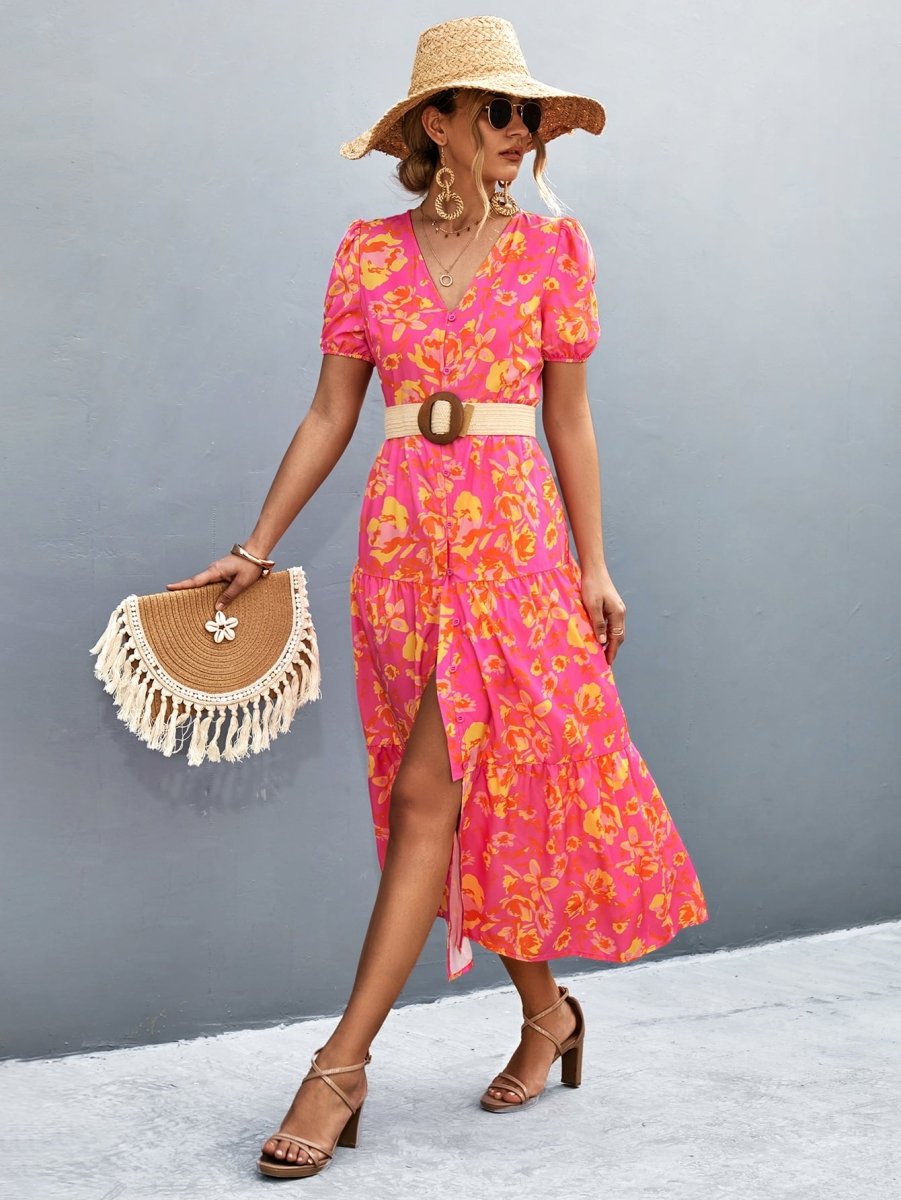 Sunrise Sorbet Floral Midi High Slit Dress #Firefly Lane Boutique1