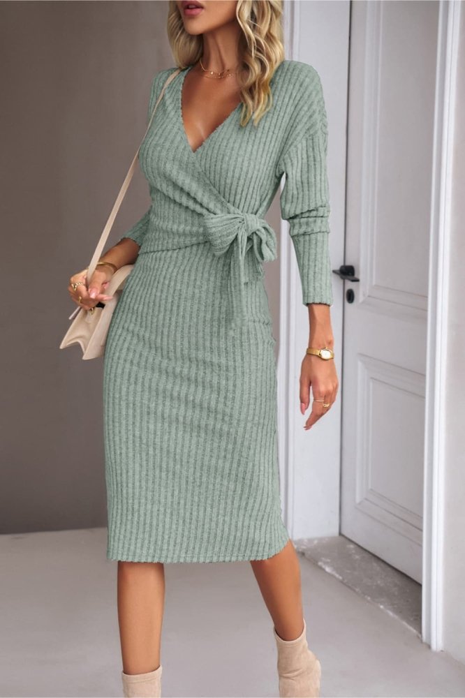 Surplice Neck Tied Ribbed Dress #Firefly Lane Boutique1