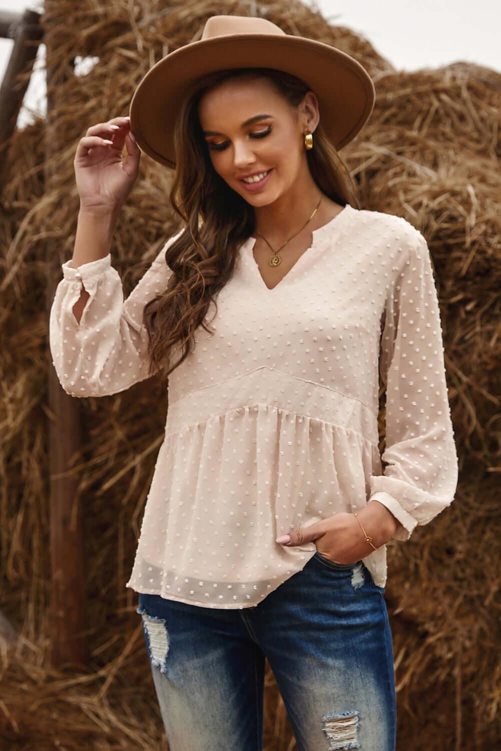 Beige Long Sleeve Peasant Blouse. A boho style peasant blouse that has swiss dots & a henley notched. #Firefly Lane Boutique1