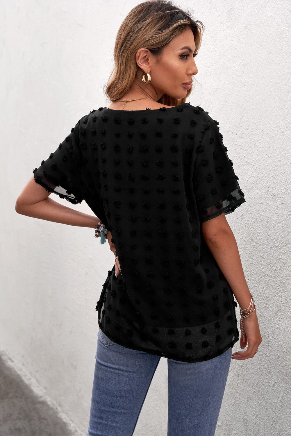 Polka Dot Sheer Blouse - black blouse with polka dots that has short sleeves and a round neck. #Firefly Lane Boutique1