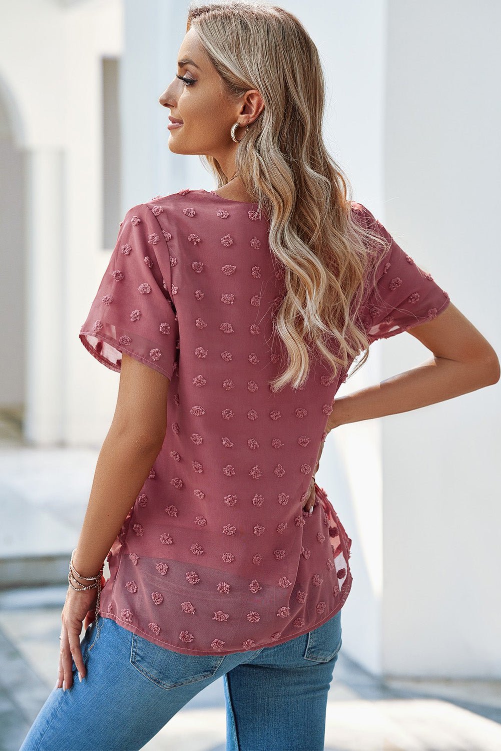 Polka Dot Sheer Blouse - mauve blouse with polka dots that has short sleeves and a round neck. #Firefly Lane Boutique1
