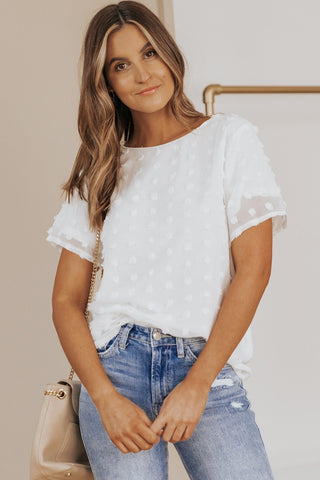 Polka Dot Sheer Blouse - white blouse with polka dots that has short sleeves and a round neck. #Firefly Lane Boutique1