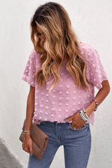 Polka Dot Sheer Blouse - pink blouse with polka dots that has short sleeves and a round neck. #Firefly Lane Boutique1