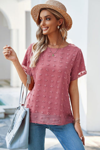 Polka Dot Sheer Blouse - mauve blouse with polka dots that has short sleeves and a round neck. #Firefly Lane Boutique1