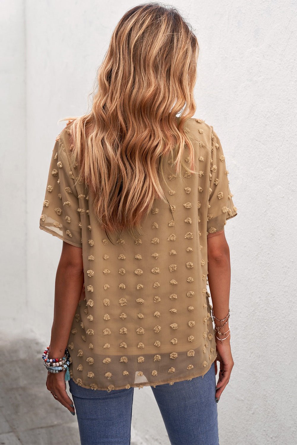 Polka Dot Sheer Blouse - tan blouse with polka dots that has short sleeves and a round neck. #Firefly Lane Boutique1