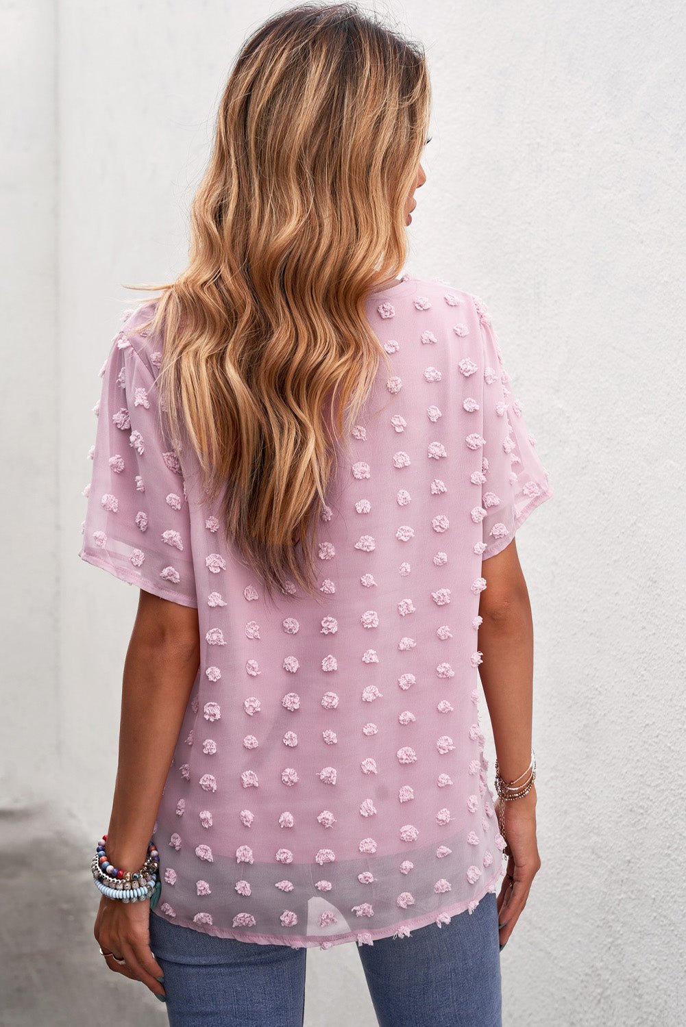 Polka Dot Sheer Blouse - pink blouse with polka dots that has short sleeves and a round neck. #Firefly Lane Boutique1