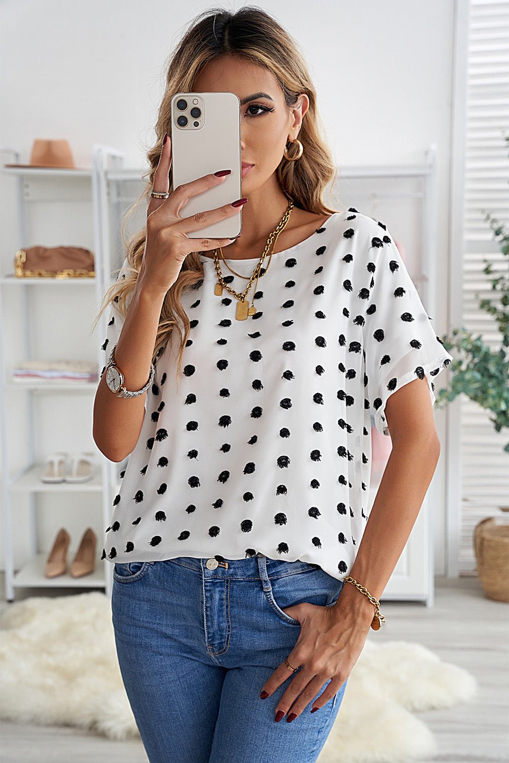 Polka Dot Sheer Blouse - white blouse with black polka dots that has short sleeves and a round neck. #Firefly Lane Boutique1