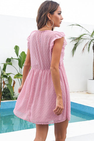 Day Dreaming Ruffle Sleeve Mini Dress - pink mini lace dress with ruffle short sleeves and vneck #Firefly Lane Boutique1