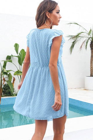 Day Dreaming Ruffle Sleeve Mini Dress - blue mini lace dress with ruffle short sleeves and vneck #Firefly Lane Boutique1