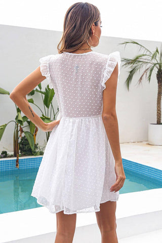 Day Dreaming Ruffle Sleeve Mini Dress - white mini lace dress with ruffle short sleeves and vneck #Firefly Lane Boutique1