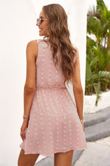 Swiss Dot Summer Sunset Dress - pink sleeveless mini dress with v neck. #Firefly Lane Boutique1