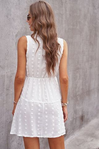 Swiss Dot Summer Sunset Dress - white sleeveless mini dress with v neck. #Firefly Lane Boutique1