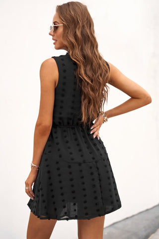 Swiss Dot Summer Sunset Dress - black sleeveless mini dress with v neck. #Firefly Lane Boutique1