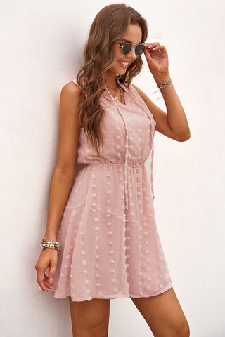 Swiss Dot Summer Sunset Dress - pink sleeveless mini dress with v neck. #Firefly Lane Boutique1
