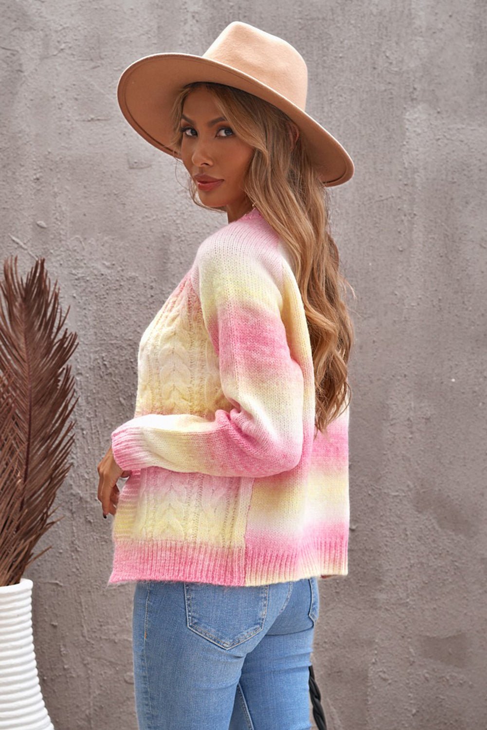 Tie Dye Cardigan Sweater -Pastel pink and yellow tie dye colored open front cable knit cardigan#Firefly Lane Boutique1