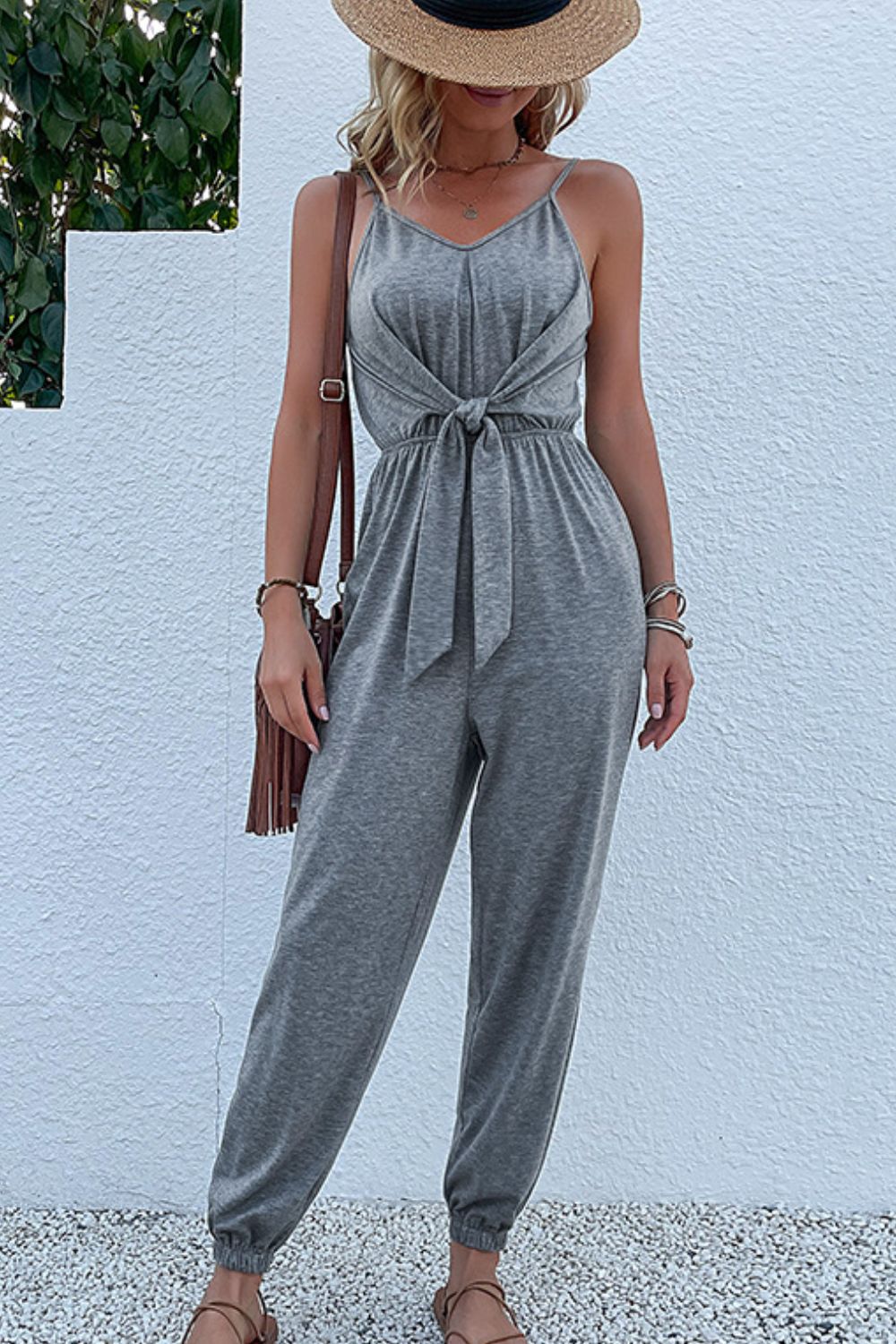 Tie Me Up Grey Jumpsuit - tie front jumpsuit with cami straps and jogger bottoms. #Firefly Lane Boutique1
