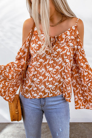 Too Sweet Floral Cold Shoulder Top - floral cold shoulder tops in orange with flare img sleeves #Firefly Lane Boutique1