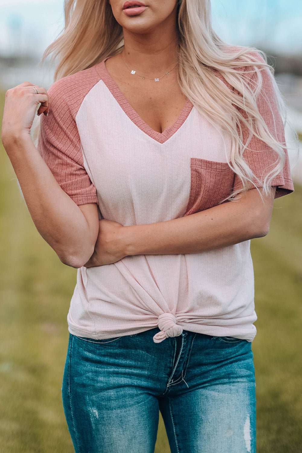 Two-Tone Pink V-Neck T-shirt - womens vneck tshirts in a two tone pink color with short raglan sleeve #Firefly Lane Boutique1