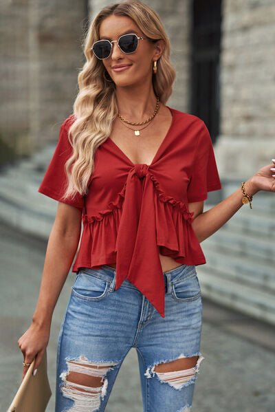 Welcome Summer Ruched Red Blouse #Firefly Lane Boutique1