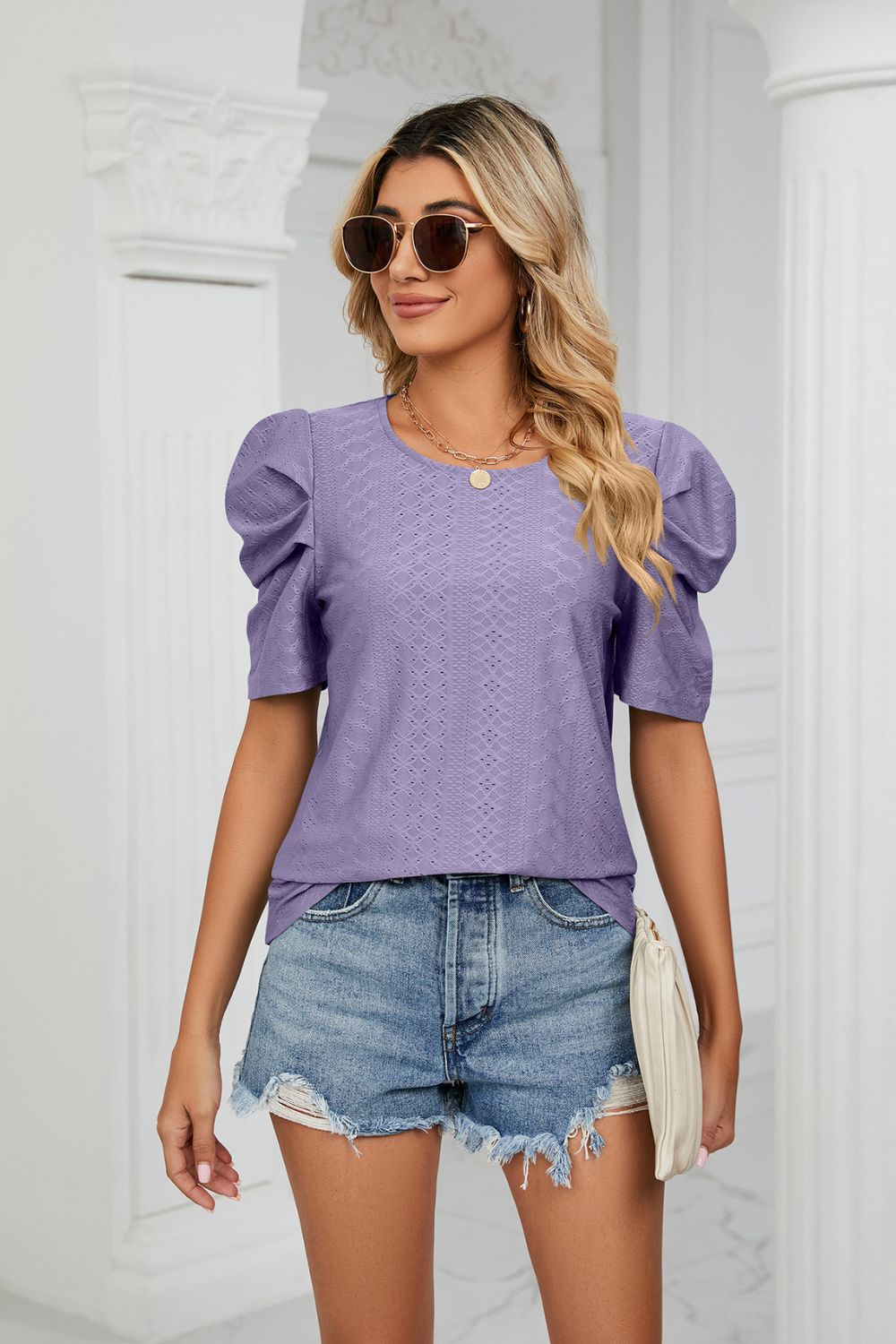 Why Not Me Eyelet Puff Sleeve Top - purple short sleeve top with puff sleeves and round neck #Firefly Lane Boutique1