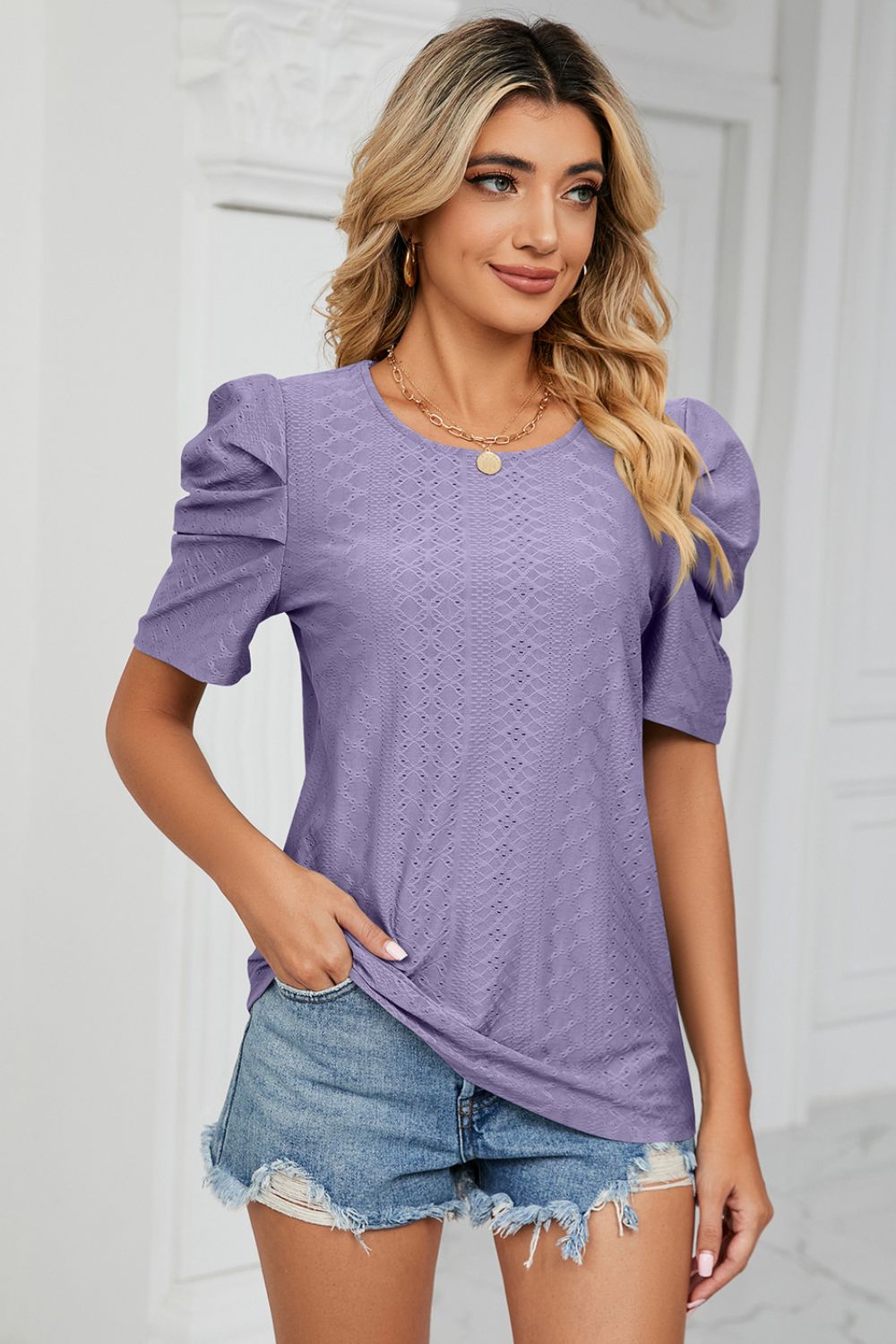 Why Not Me Eyelet Puff Sleeve Top - purple short sleeve top with puff sleeves and round neck #Firefly Lane Boutique1