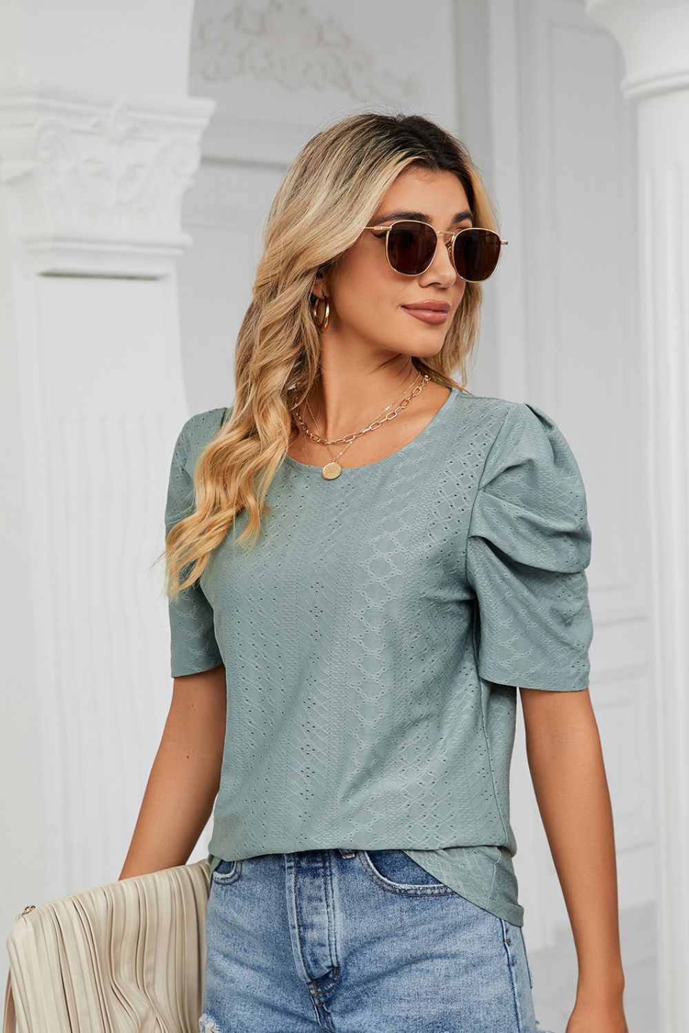 Why Not Me Eyelet Puff Sleeve Top - teal short sleeve top with puff sleeves and round neck #Firefly Lane Boutique1