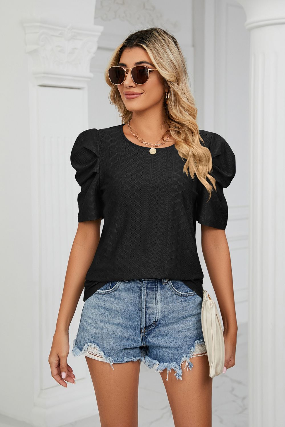 Why Not Me Eyelet Puff Sleeve Top - black short sleeve top with puff sleeves and round neck #Firefly Lane Boutique1