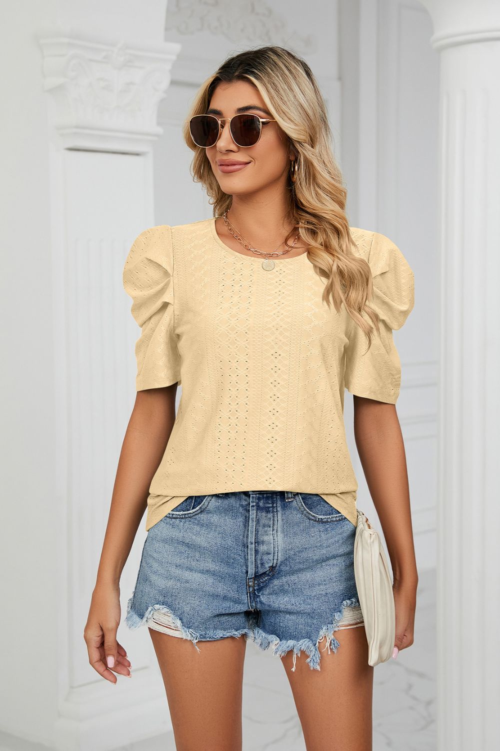 Why Not Me Eyelet Puff Sleeve Top - yellow short sleeve top with puff sleeves and round neck #Firefly Lane Boutique1