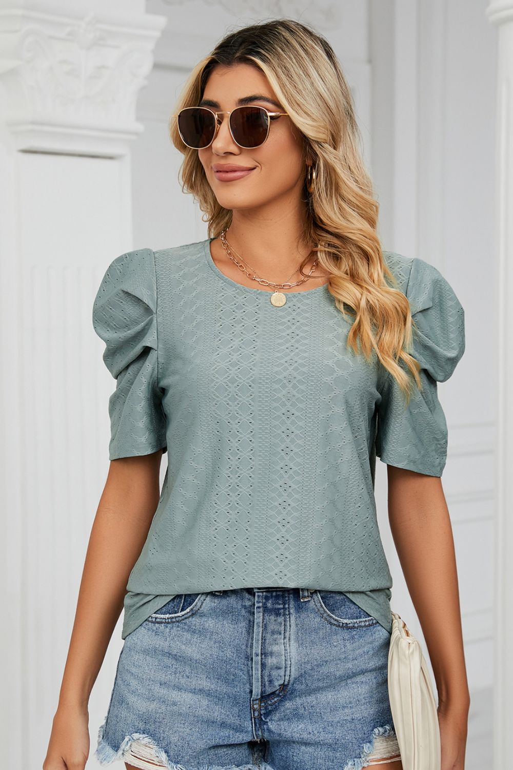 Why Not Me Eyelet Puff Sleeve Top - teal short sleeve top with puff sleeves and round neck #Firefly Lane Boutique1