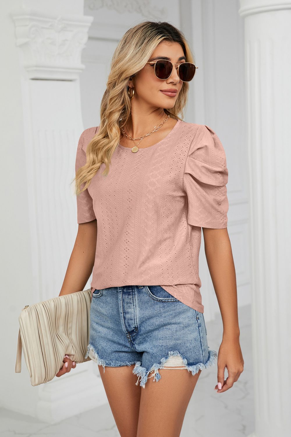 Why Not Me Eyelet Puff Sleeve Top - mauve short sleeve top with puff sleeves and round neck #Firefly Lane Boutique1
